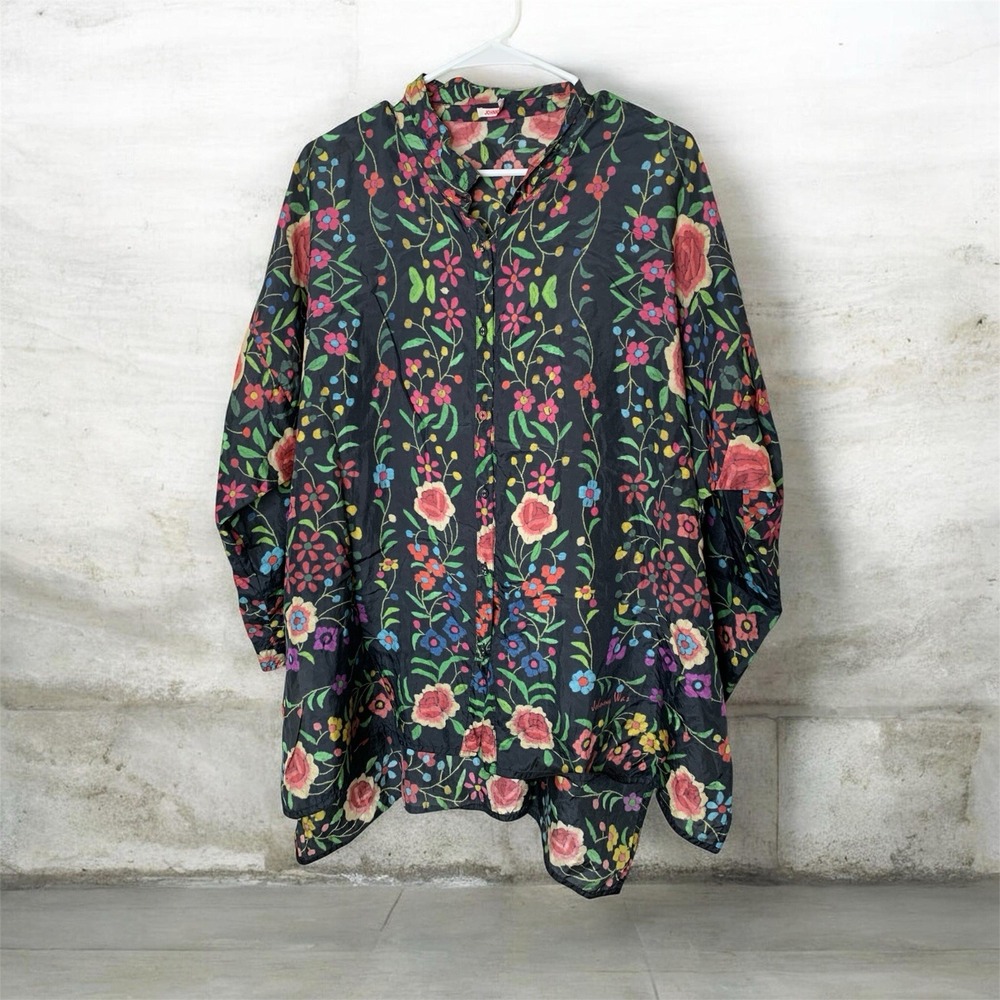 Johnny Was Emby Button Down Floral Silk Tunic Size L Dark Romantic Oversized